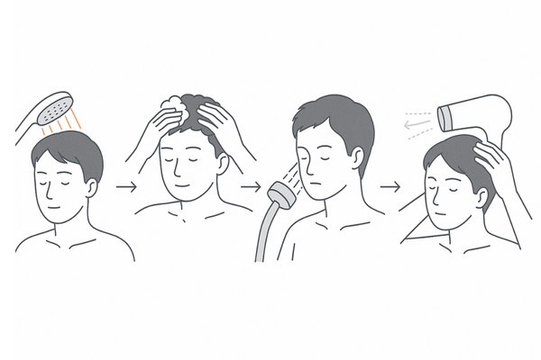 正しいシャンプーの手順｜予洗い→やさしく洗う→しっかりすすぐ→ドライ