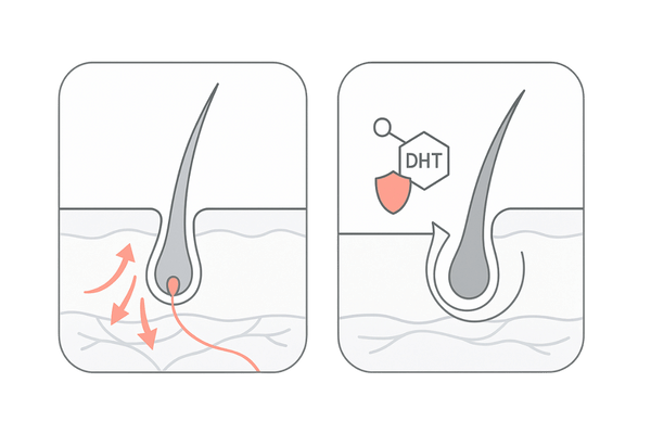 ノキシジル（ミノキシジル）とフィンペシア（フィナステリド）の作用比較｜発毛促進と抜け毛抑制の2カラム図