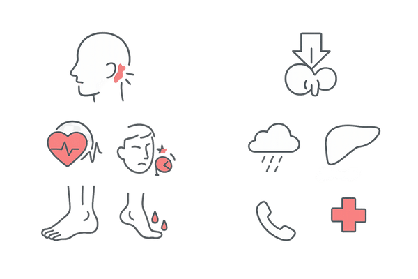 併用時の副作用と受診目安の俯瞰図｜ミノキシジル外用・内服／フィナステリドの注意点