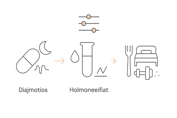PFSの治療アプローチ：対症療法・ホルモン評価・生活習慣の3本柱フロー