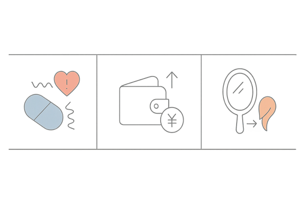 プロペシアを中止する主な理由（副作用・費用・効果実感の3タイル比較）