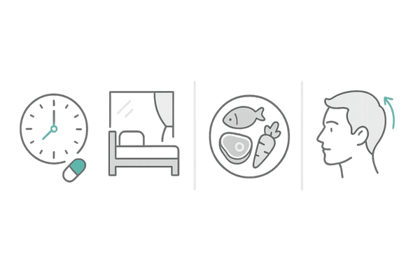 プロペシアの効果を高める生活習慣イメージ（服用時間の固定・睡眠・食事・頭皮ケア）