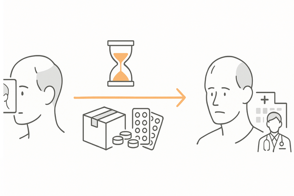 通販で失われる時間とAGA進行の関係を示すタイムライン（プロペシア治療の遠回り）