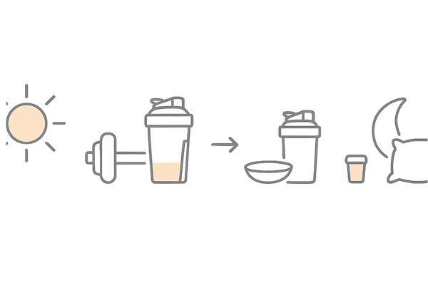 正しいプロテイン摂取タイミング|朝・運動後・間食・就寝前の水平4コマフロー