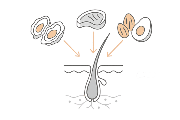 プロテインと相乗効果の栄養素|亜鉛・ビタミンB群・ビタミンEが毛根に届くイメージ