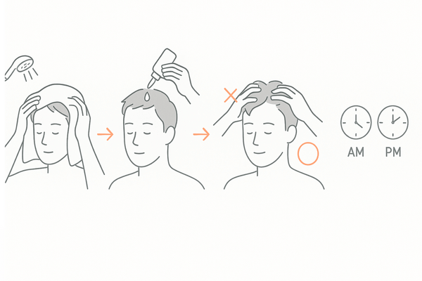 育毛剤の正しい使い方4ステップ：洗髪→塗布→やさしい頭皮マッサージ→朝夕の継続（タイミングと頻度）