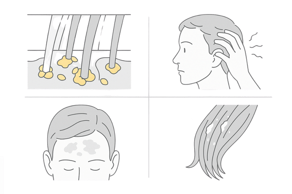 頭皮カンジダ症の主な症状イメージ（湿った黄色フケ・強いかゆみ・赤み）