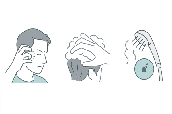 頭皮カンジダ症を悪化させるNG行動イメージ（強く掻く・爪洗い・熱いシャワー）