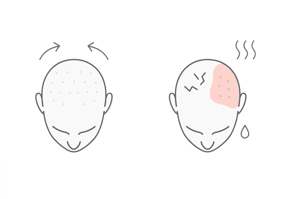 健康な頭皮と不健康な頭皮の違い（色・柔軟性・皮脂）を示す2カラム線画イラスト
