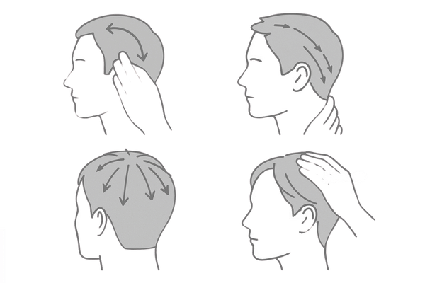側頭部・後頭部・頭頂部・生え際の正しい頭皮マッサージ方向を示す4分割図