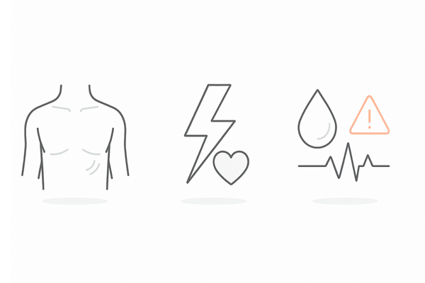 男性がスピロノラクトンを服用する際の主要リスク（女性化乳房・性機能・高カリウム血症）のアイコン一覧