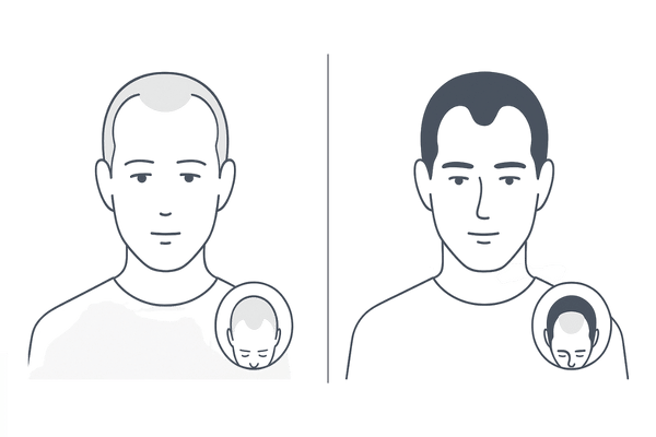 ストレス性脱毛とAGAの違い|びまん性とM字・O字の脱毛パターン比較図