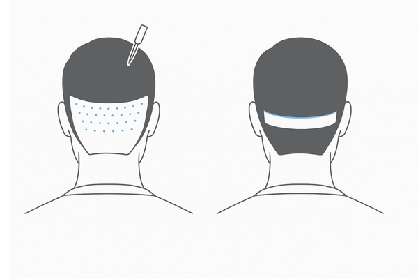 FUE法とFUT法の違い｜こめかみ植毛における採取方法・傷跡イメージ比較