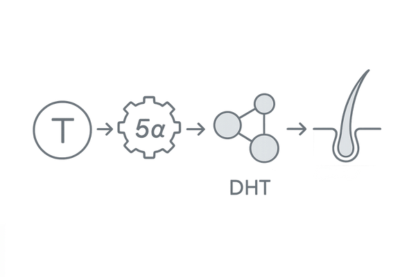 テストステロン→5αリダクターゼ→DHT→毛包ミニチュア化のリスクフロー