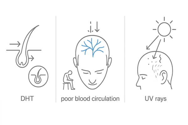 頭頂部が薄くなる主因を一望:DHT影響/血行不良/紫外線ダメージ