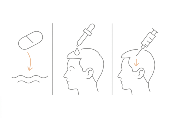 AGA治療の選択肢を比較:内服薬/外用薬/注入治療の3カラム図