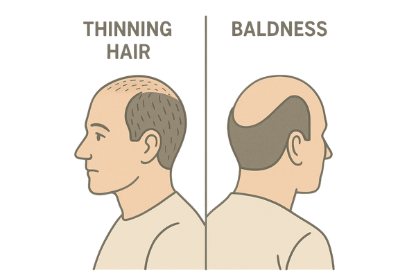 薄毛とハゲの違いを示すイラスト(髪の密度と進行段階の比較)