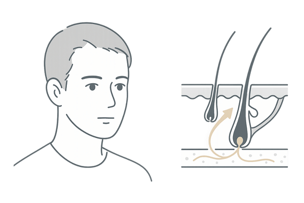 生え際に塗るミノキシジルの作用メカニズム図｜毛包と血流イメージ