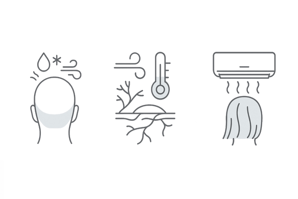 冬の乾燥・低温・暖房が頭皮に与える影響（3要因アイコン図）