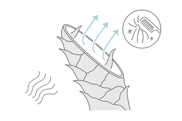 乾燥でキューティクルが開き水分が蒸発する模式図（静電気の影響つき）
