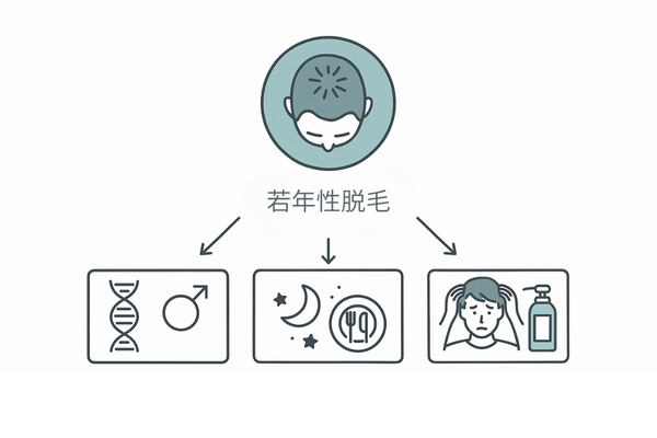 若年性脱毛症の主な原因(遺伝・生活習慣・ストレスとヘアケアの図解)