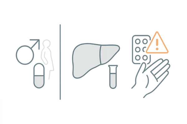 ザガーロの副作用と注意点｜男性専用・肝機能検査・取り扱い注意のアイコン図
