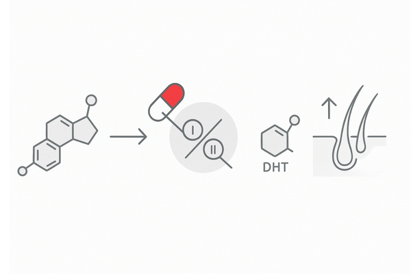 ザガーロ（デュタステリド）がI型・II型5αリダクターゼを阻害しDHTを抑える流れ