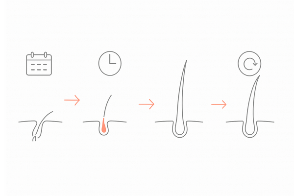治療開始からのタイムライン（初期脱毛→産毛→密度・太さ向上→維持）