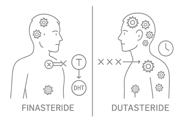 デュタステリドとフィナステリドの作用機序とDHT抑制を比較した図解