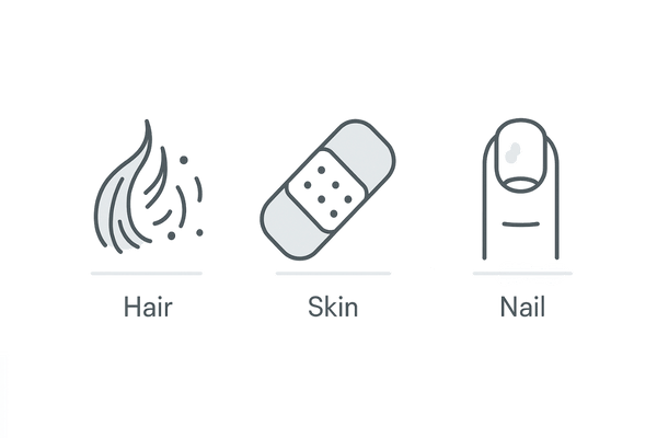 亜鉛不足セルフチェック:髪・皮膚・爪のサインを示す3カラム図