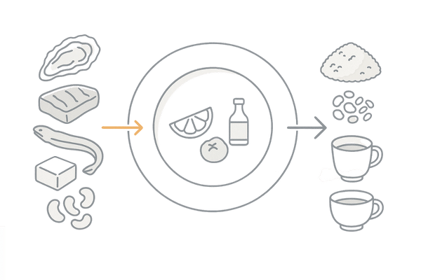 亜鉛を多く含む食品と吸収のコツ:助ける栄養 vs 妨げる成分のバランス図
