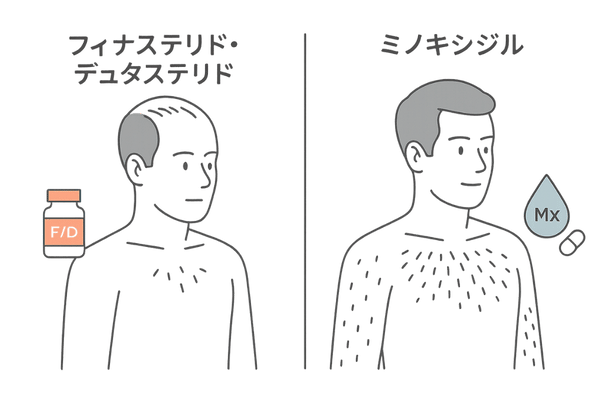 フィナステリド・デュタステリドとミノキシジルで頭髪と体毛がどう変化するかの比較イラスト