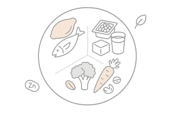 AGA対策で積極的に摂りたいタンパク質・亜鉛・大豆イソフラボンを含む食材プレート