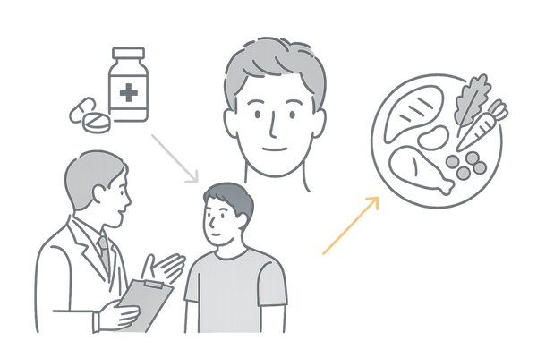AGA専門治療と食事管理の相乗効果を示すイラスト|薬と食事で髪を守るイメージ
