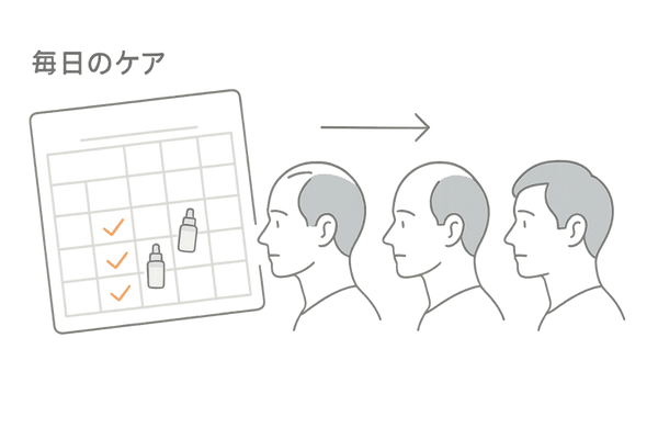 AGA発毛剤治療を長期継続するイメージ|毎日のケアと髪のボリューム変化イラスト