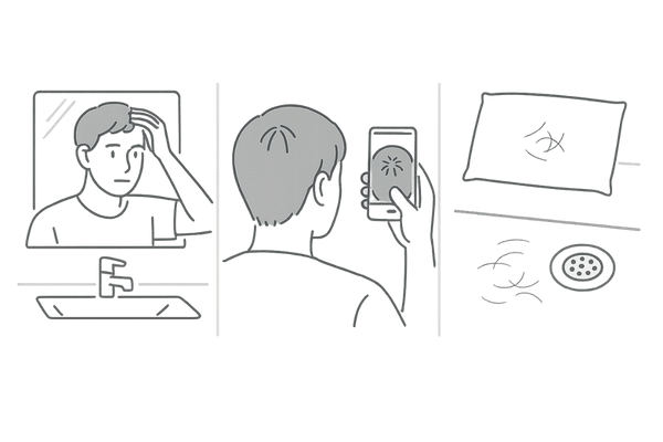 AGA自己診断の3ステップ（生え際・頭頂部・抜け毛チェック）のイラスト