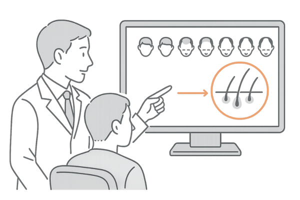 専門クリニックでのAGA診断とハミルトン・ノーウッド分類のイメージ