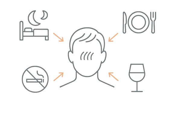 生活習慣とAGAリスクの関係（睡眠・食事・喫煙・飲酒）をまとめたイラスト