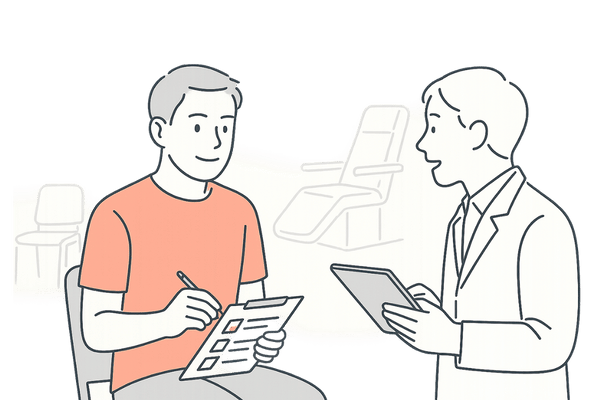 AGA治療中の男性が献血ルームで薬の使用を正直に申告している場面