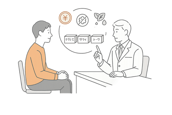 フィナステリドジェネリック(クラシエ・サワイ・トーワ)の選び方を医師と相談する場面