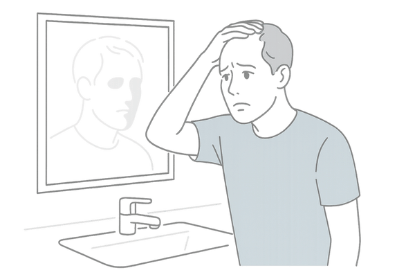 薄毛による自己イメージの揺らぎと不安を抱える男性のイラスト｜AGAの心理的負担