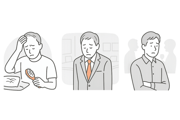 薄毛が日常生活の自信や対人関係に与える心理的影響のイメージイラスト