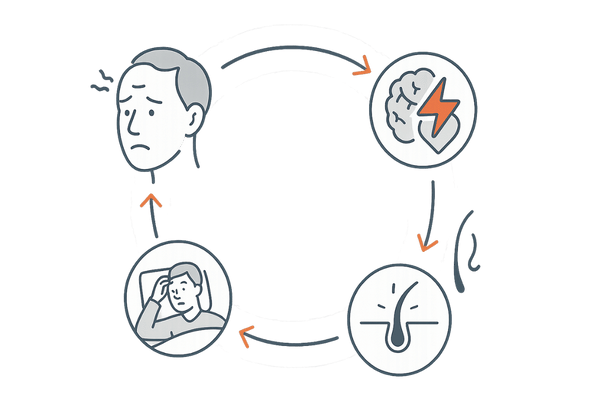 薄毛の悩みを放置した場合のストレス悪循環とリスクを示すイラスト