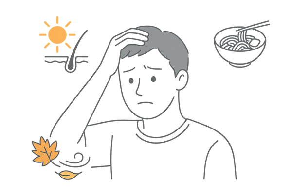 秋に抜け毛が増えやすい原因（紫外線・夏バテ・換毛期）のイメージ図