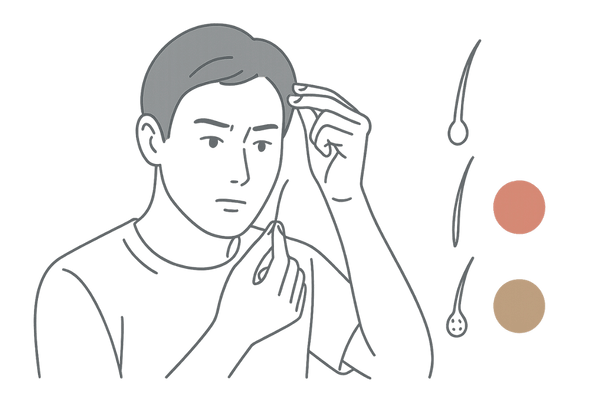 抜け毛の毛根と頭皮の色をセルフチェックする男性のイメージ