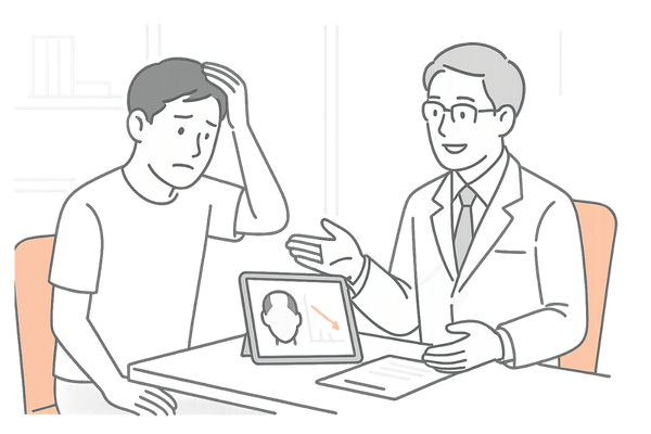 抜け毛が続く男性がAGA専門クリニックに相談する診察イメージ