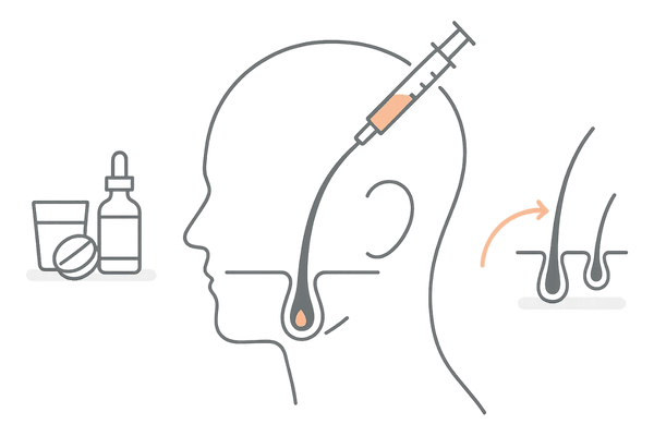 ヘアフィラー治療と内服薬・外用薬・自毛植毛の違いを示す図解イラスト
