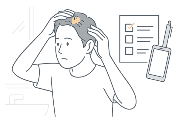 AGAセルフチェックで髪の細さや抜け毛を確認する男性イラスト