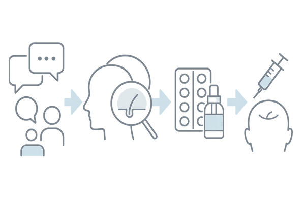 AGA治療の基本的な流れと治療法イメージ図（内服薬・外用薬・注入治療）