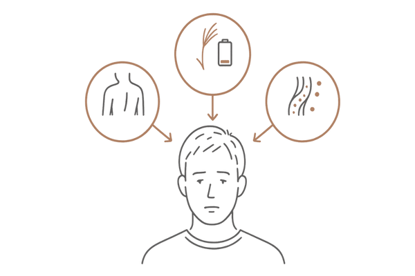 漢方が考える薄毛の原因タイプ（気血両虚・腎虚・瘀血）のイメージ図